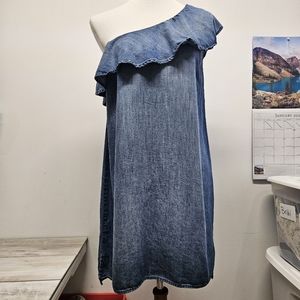 CLOTH & STONE Off Shoulder Denim Mini Dress Ruffled Neckline Small Chambray Boho
